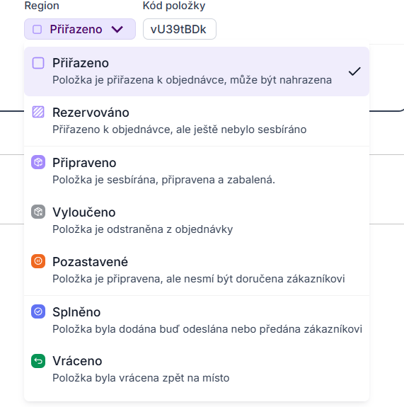Nabídka stavů konkrétní položky v objednávce půjčovny v systému TWICE