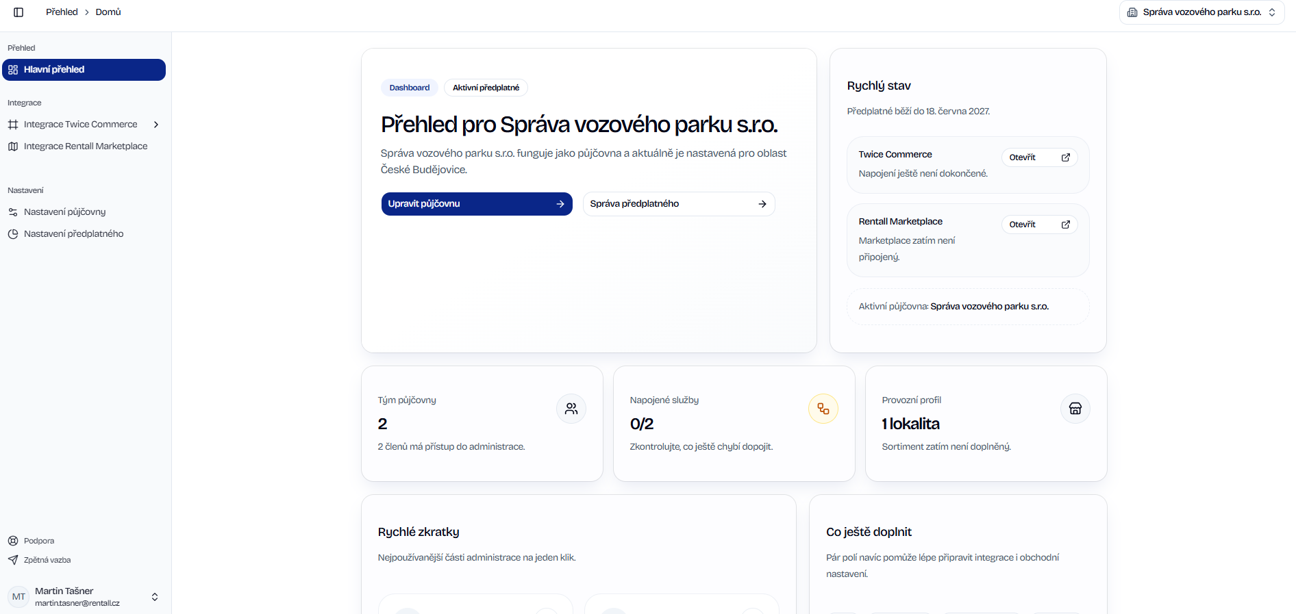 EpicWave Hlavní přehled - Dashboard půjčovny