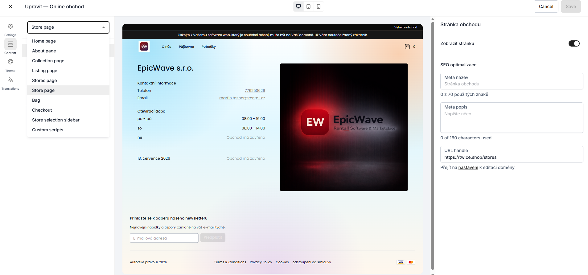 EpicWave Editor obchodní stránky - Online obchod